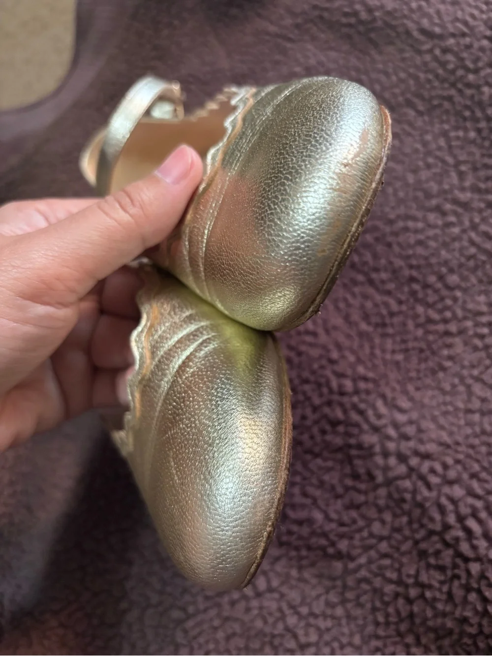 Chloé Metallic Rose Gold Scalloped Ballet Flats with Ankle Strap